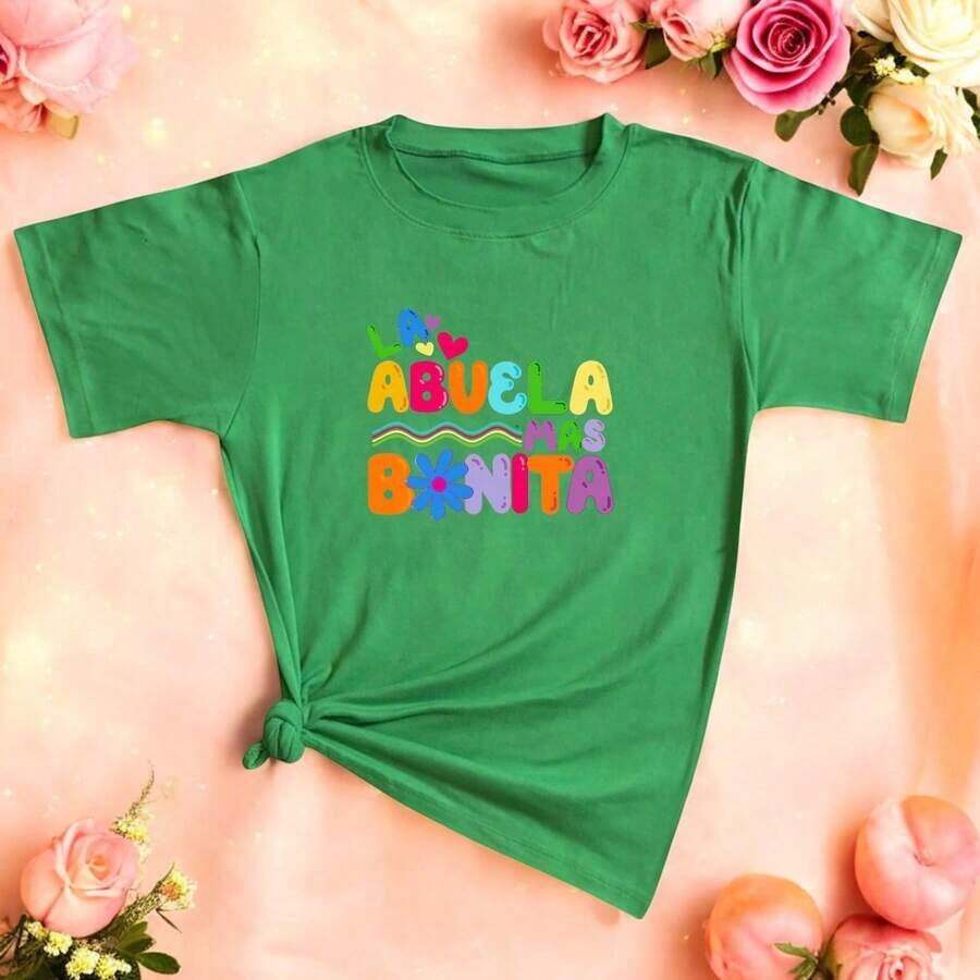NewSummerCasualLetras Playera Blouse Con Impresión De La Granma Más Bonita Ropa Para Mujeres-Vintage Street Style Unisex Loose Cotton Short Sleeve Crew Neck T-Shirt - 綠色的 - 查看 1