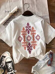 | Exquisite Design | Loose And Comfortable | Easy To Match | [Reversible Print] Women's Bohemian Summer Clothes, Style, Geometric Diamond Pattern, Pure Cotton T-Shirt, Casual Daily Wear, Round Neck, Short Sleeve - 白色 - 查看 8