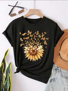 NewSummerCasual Sunflower Print Casual T-Shirt - With Bow Design - Casual Crew Neck, Short Sleeve, Fashionable Spring/Summer T-Shirt - Unisex Loose Fit Cotton Short Sleeve Crew Neck T-Shirt, Vintage Urban Style. Unisex Loose Fit Cotton Short Sleeve Crew Neck T-Shirt, Vintage Urban Style - 黑色 - 查看 1