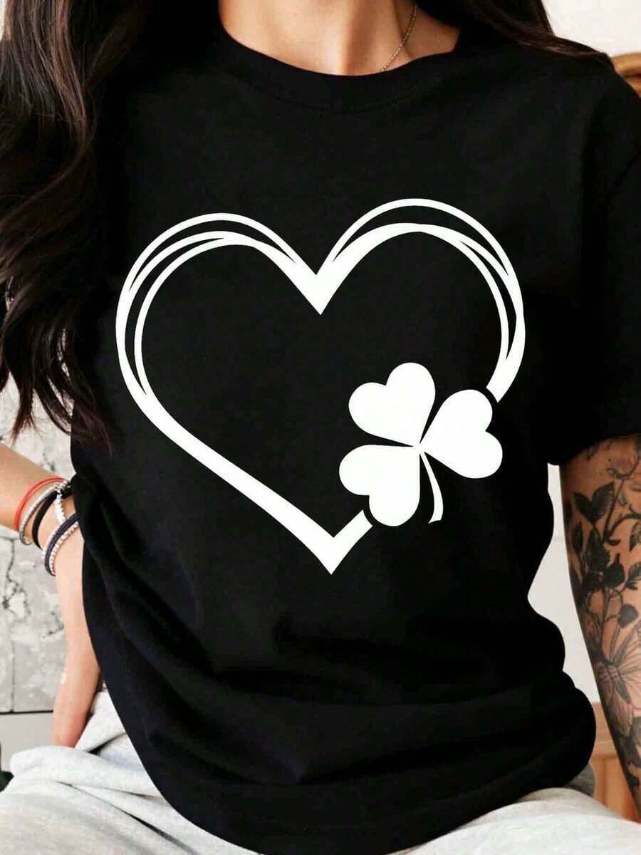 Women's Heart And Shamrock Design T-Shirt, St. Patrick's Day Lucky Symbol, Fashionable Casual Top - Black - View 1