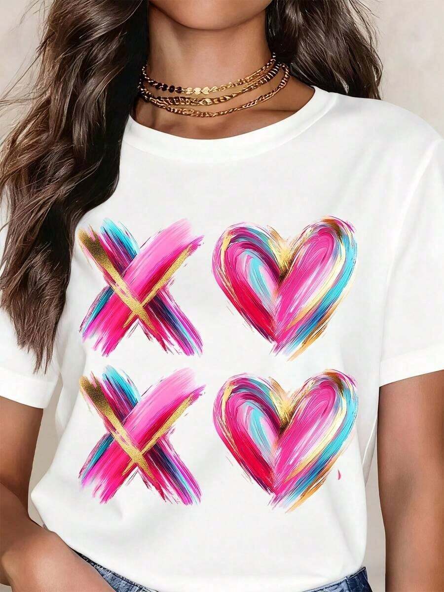 Women's Casual T-Shirt With Colorful Hearts And X Print, Short Sleeve, Round Neck, Fashion Graphic Top, Summer Outfit, 100% Cotton, Soft Fabric, Short Sleeve - 白色 - 查看 1