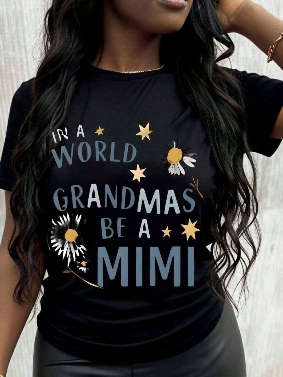 In A World Full Of Grandmothers, Be A Grandmother: Women's T-Shirt With Daisy And Star Design, Casual Top. - 黑色 - 查看 1