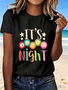 Its Bingo Night Fun T-Shirt With Colorful Balls And Stars Design For Party Game Nights Casual Wear Perfect Gift For Bingo Lovers Fashionable And Playful Style Great For Gatherings And Events - 黑色 - 查看 1