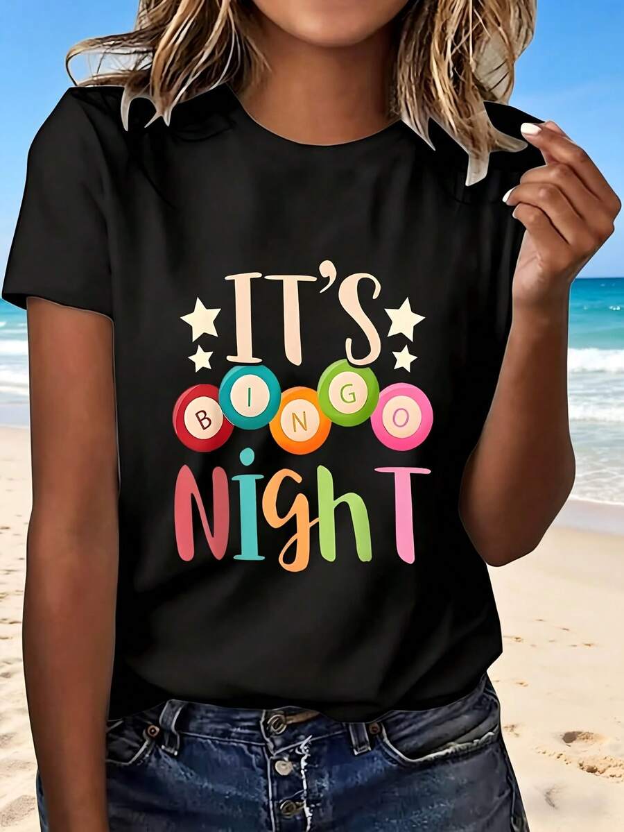 Its Bingo Night Fun T-Shirt With Colorful Balls And Stars Design For Party Game Nights Casual Wear Perfect Gift For Bingo Lovers Fashionable And Playful Style Great For Gatherings And Events - 黑色 - 查看 1
