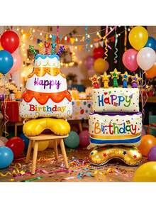 Set de 2 bases de pastel de diferentes tamaños con globos de aluminio, base pequeña con diseño de pastel de cumpleaños colorido, adecuado para decoración de fiestas de cumpleaños, aniversarios, Día de los Caídos, Año Nuevo y reuniones, globo decorativo con tema de cumpleaños - Pastel base - Ver 2