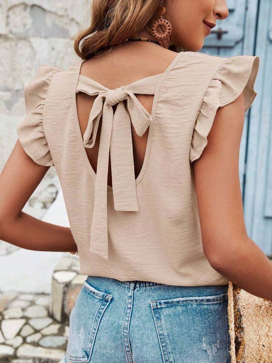 Blusa de verano para mujer con volantes y tirantes cruzados en la espalda de un solo color - Albaricoque - Ver 1