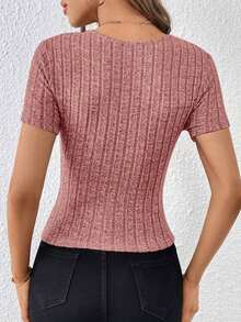 Camiseta de cuello cruzado tejido de canalé - Rosa - Ver 2