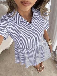 Vestido de manga corta con botones decorativos y textura de moda versátil para mujer - Azul y blanco - Ver 5