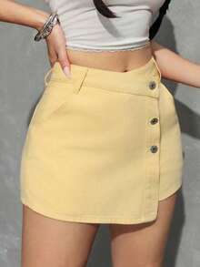 PETITE Short vaquero sexy con bolsillo frontal, cruce de cintura y abotonado para mujer - Amarillo - Ver 4