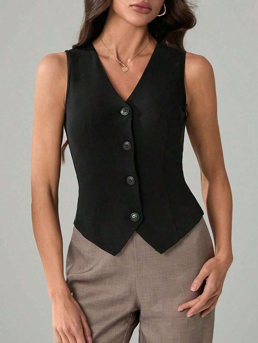 Tall Cárdigan casual de mujer de unicolor con cuello en V y sin mangas - Negro - Ver 1