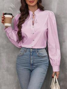 LUNE Blusa con estampado de rayas de cuello con cordón de manga farol - Rosa - Ver 1