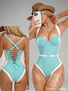 Traje de baño de una pieza con control de abdomen, con abertura lateral, push-up y efecto estilizante, en marrón y beige para mujer - verde menta - Ver 3