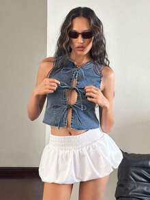 ICON Camisa vaquera sin mangas, con frente abierto y cordones, de estilo casual lavado, para mujer - Azul lavado oscuro - Ver 4