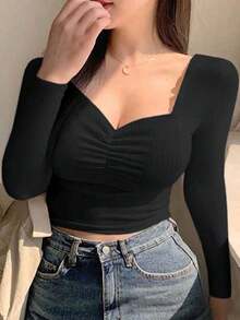Top de camisola fruncido para mujer, top de cami ajustado y versátil - Negro 2 - Ver 6