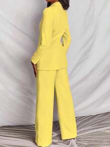 Conjunto de blazer y pantalones de unicolor y manga larga minimalista para mujer - Amarillo - Ver 5