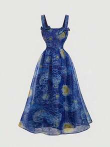 MOD Vestido de mujer estampado con la pintura del Cielo Estrellado de Van Gogh en azul, vestido de tirantes retro para ocasiones como Navidad, vacaciones u otras fiestas, con lazo - Azul - Ver 1