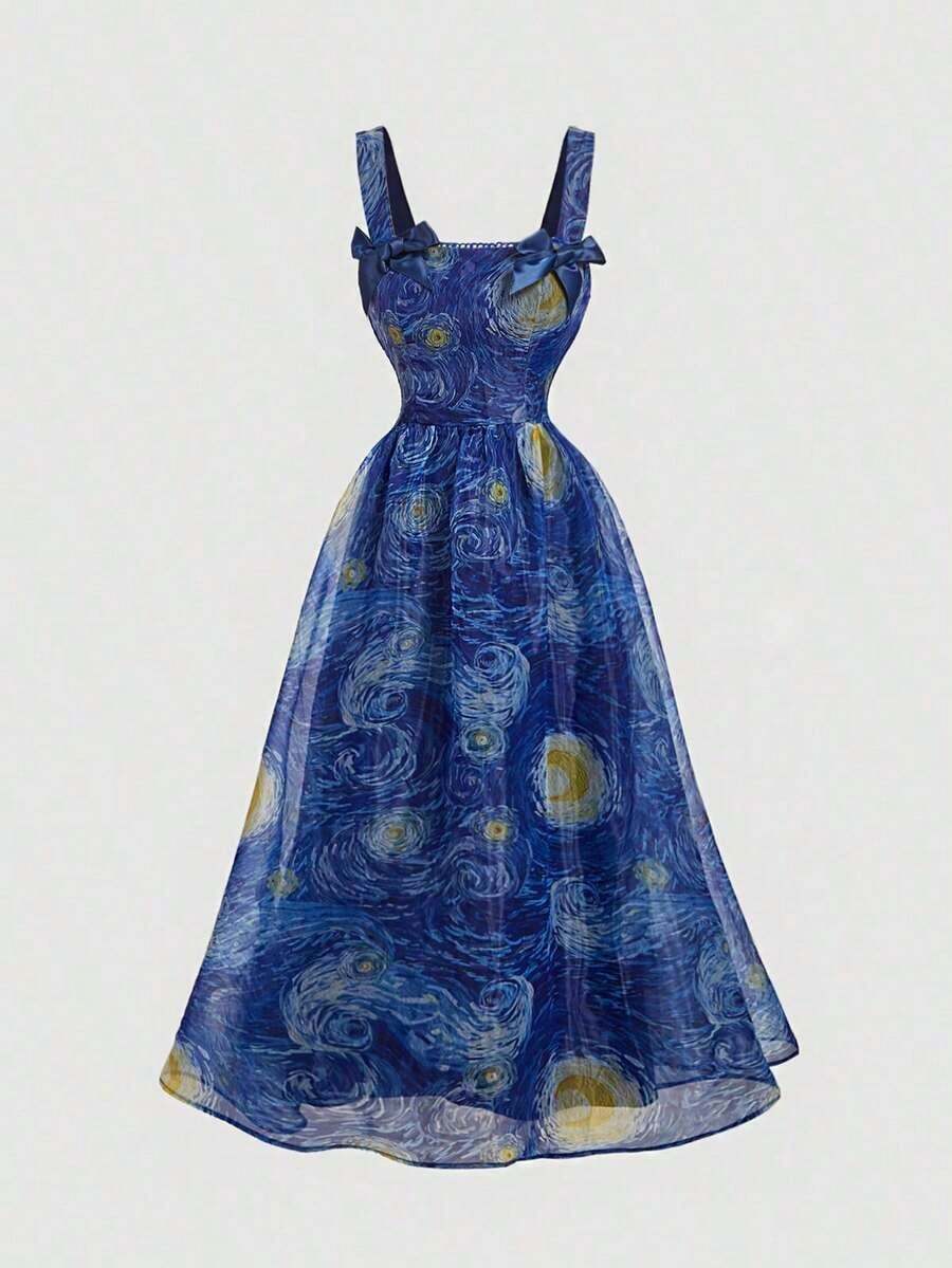 MOD Vestido de mujer estampado con la pintura del Cielo Estrellado de Van Gogh en azul, vestido de tirantes retro para ocasiones como Navidad, vacaciones u otras fiestas, con lazo - Azul - Ver 1