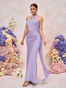 Vestido de dama de honor elegante, romántico, verde, tejido mate, decoración de cinta, hombros descubiertos, sin tirantes, entallado, cola de pez - Morado Violeta - Ver 7