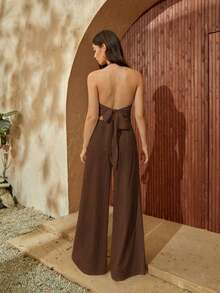 trasero de espalda abierta Top halter & Pantalones de pierna ancha - Marrón - Ver 2