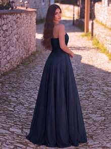 Elegante vestido formal de punto de un solo hombro, diseño plisado largo y elegante, adecuado para dama de honor o eventos formales como bodas - Azul marino - Ver 2