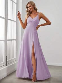Elegante vestido de noche de unicolor y sexy, vestido de dama de honor con abertura alta y tirantes finos en azul marino, vestido formal para invitados de boda en primavera - Púrpura malva - Ver 4
