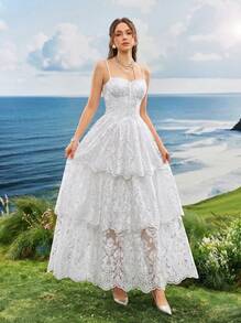 Elasola Vestido elegante de fiesta de unicolor con tirantes de encaje, para boda, vacaciones y primavera, color blanco - Blanco - Ver 2