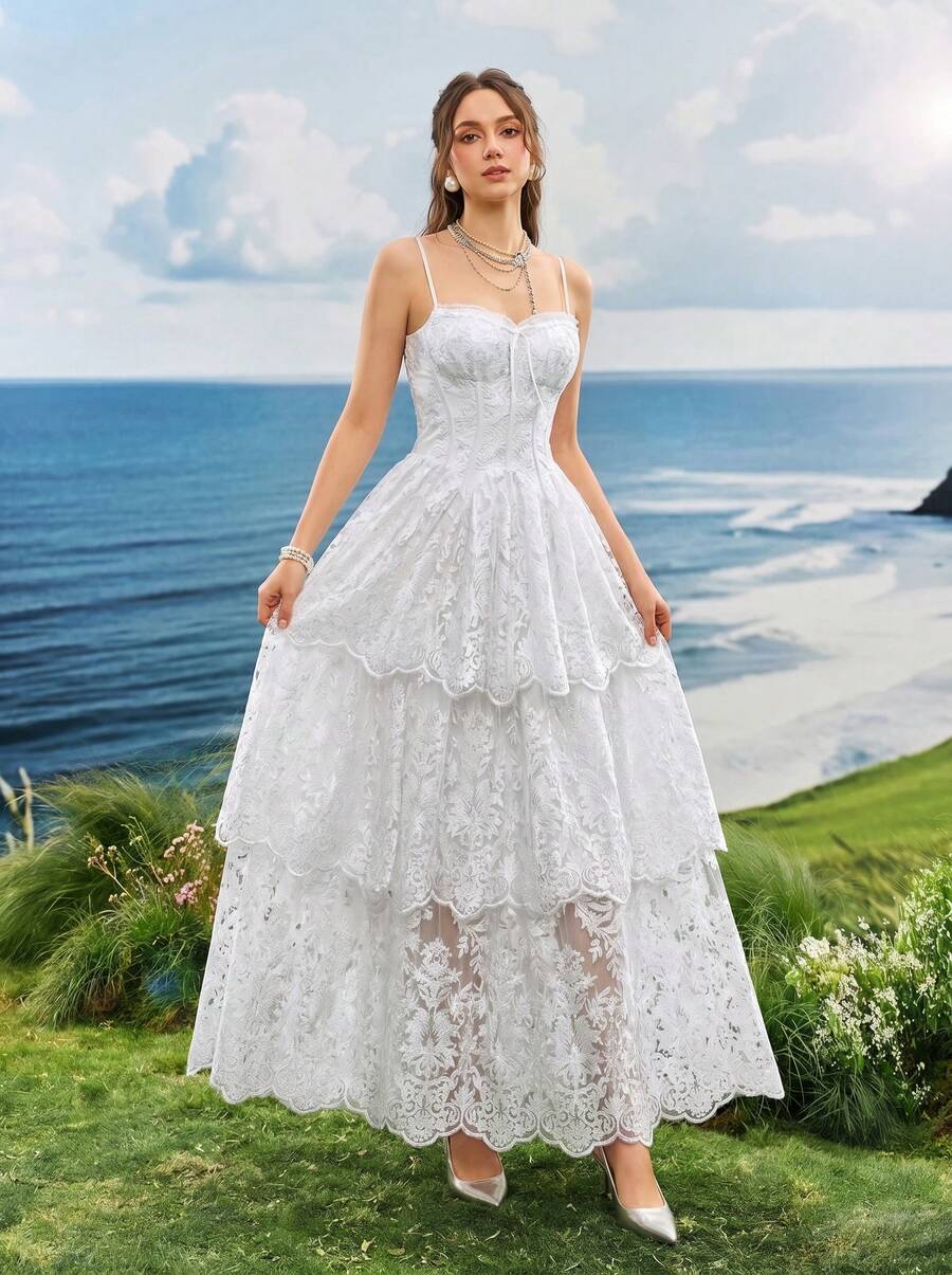 Elasola Vestido elegante de fiesta de unicolor con tirantes de encaje, para boda, vacaciones y primavera, color blanco
