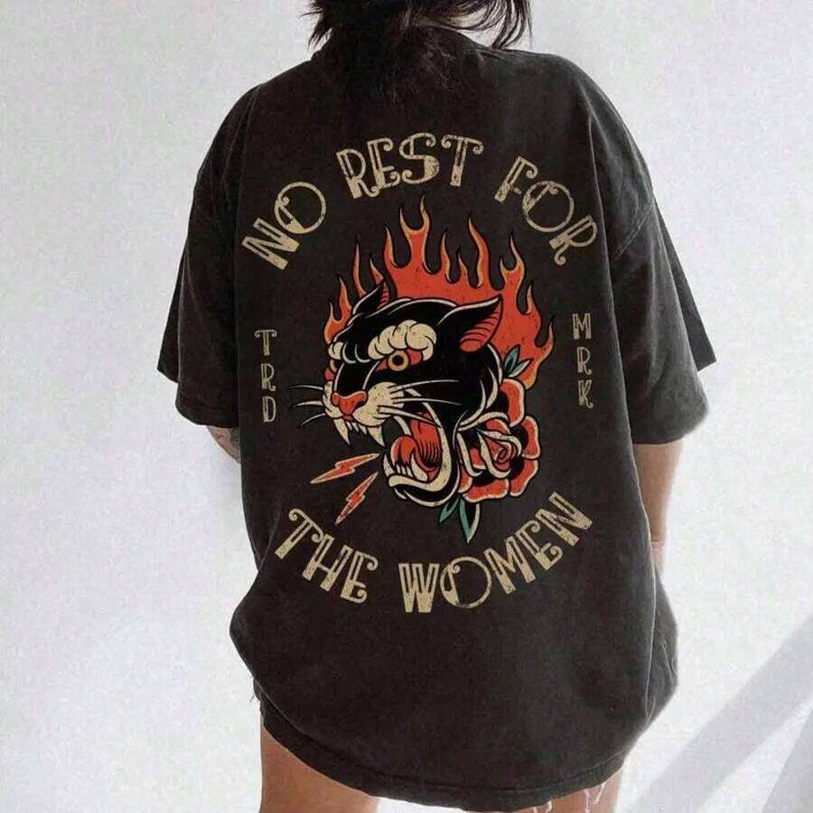 % Cotton No Rest Women's Rad Tee Feminism T-Shirt Vintage Tattoo Style Girl Power T-Shirt Women's Rights Activist T-Shirt - Unisex For Women And Men, Everyday Campus Wear - 黑色 - 查看 1