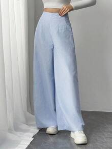 Pantalones anchos de cintura alta y pierna ancha para mujer, color azul, adecuados para la playa, el aeropuerto, de estilo modesto - Azul y blanco - Ver 2