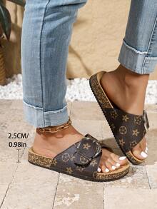 Women's Large Round Buckle Non-Slip Round Toe Flat Sandals, Brown Slippers Suitable For Summer Vacation And Daily Wear,Beach Sandals - Brown - View 2