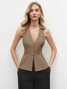Blusa sin mangas de cuello blanco para mujer, de estilo urbano moderno y elegante, versátil para uso diario, con un toque retro de los 90.Adecuada para Navidad, Año Nuevo, San Valentín, fiestas, playa, graduación, moda, festivales, vacaciones, in - Marrón 2 - Ver 1