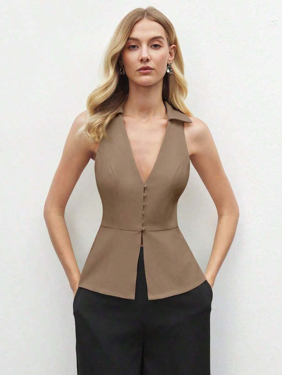 Blusa sin mangas de cuello blanco para mujer, de estilo urbano moderno y elegante, versátil para uso diario, con un toque retro de los 90.Adecuada para Navidad, Año Nuevo, San Valentín, fiestas, playa, graduación, moda, festivales, vacaciones, in - Marrón 2 - Ver 1