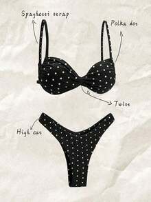 Elavelle Conjunto de bikini para mujer con estampado de lunares aleatorio, tirantes finos y corte alto sexy para el verano y la playa - Blanco y Negro - Ver 1