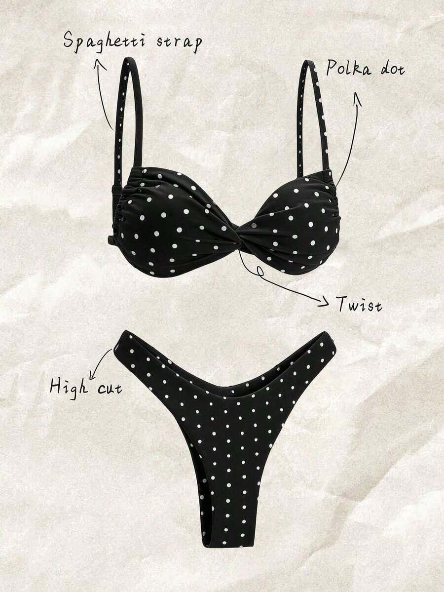 Elavelle Conjunto de bikini para mujer con estampado de lunares aleatorio, tirantes finos y corte alto sexy para el verano y la playa - Blanco y Negro - Ver 1