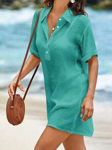 Conjunto de ropa de playa para mujer- Vestido de baño con cuello en V sin mangas como cobertor casual de playa - Verde - Ver 4