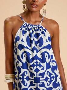 Vestido corto holgado con hombros al descubierto y estampado tejido para mujeres para vacaciones - Azul y blanco - Ver 5
