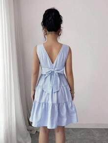 Vestido corto sin espalda con lazo y rayas, estilo francés para mujeres - Azul y blanco - Ver 5