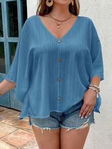 Blusa de manga de murciélago con cuello en V y textura para tallas grandes - Agua verde azul - Ver 3