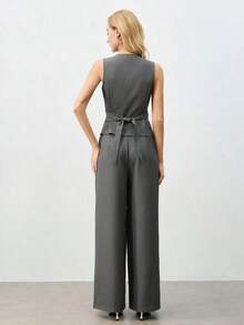 Nuevo conjunto de chaleco plisado en la cintura y pantalones de pierna ancha para mujer, primavera/verano.Elegante atuendo urbano para ir al trabajo. - Gris - Ver 3