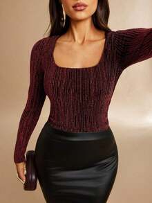Body De Manga Larga Con Cuello Cuadrado Para Mujer - Rojo - Ver 5