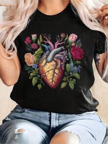 1 Piece Unisex Loose Fit T-Shirt 180g 100% Pure Cotton, Unique And Artistic T-Shirt With Human Heart Design Surrounded By Vibrant Flowers Y2k Style Perfect To Highlight Your Style On Any Occasion Ideal For Lovers Of Mexican Art And Fashion. - 黑色 - 查看 1