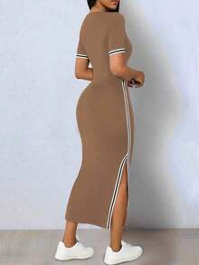 Elegante vestido de punto elástico de color negro y contraste con abertura en el bajo, cuello en V y manga corta para mujeres - Café integral - Ver 2