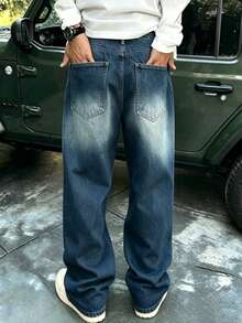 Men's Vintage Washed Loose Fit Casual Blue Jeans - Medium Wash - View 5