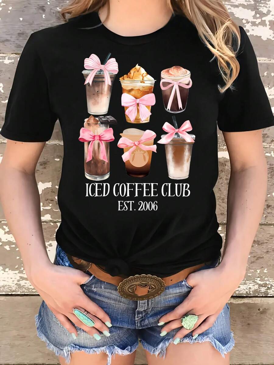 Camiseta Ice Coffee Club con estampado rosa y lazo - Negro - Ver 1