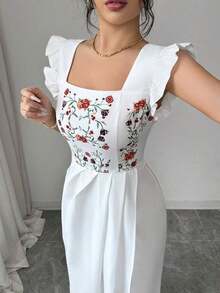 YHHSHEIN Elenzya Vestido casual de vacaciones con cuello cuadrado, mangas cortas, estampado digital frontal, bajo asimétrico y plisado, adecuado para mujeres de 20 a 35+ años para uso diario y reuniones (estampado de colocación)YHH - Blanco - Ver 6