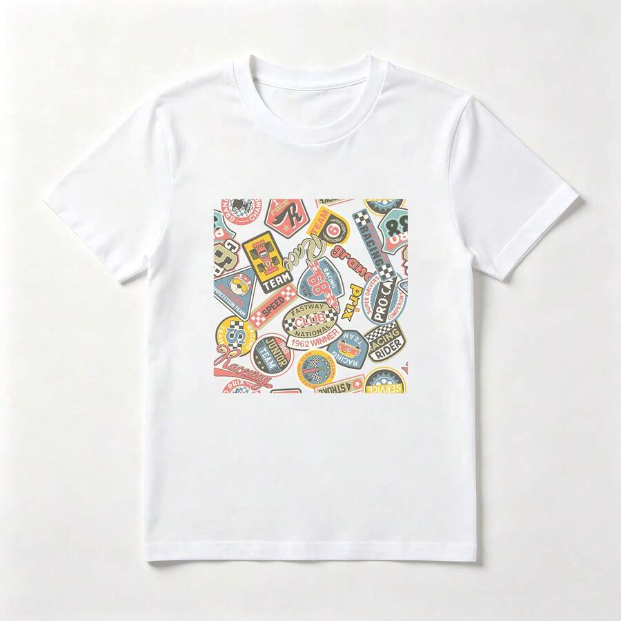 Calcomanías de Carreras Playera de Algodón Blanca Estilo Retro - Blanco - Ver 1