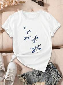Camiseta de mujer de manga corta y cuello redondo, casual y de moda, esencial de verano, de alta calidad, con estampado gráfico - Blanco - Ver 3