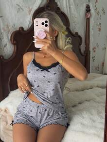 女士舒适蝴蝶结印花撞色蕾丝吊带背心和短裤睡衣套装，夏季 - 灰色 - 查看 3
