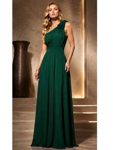 vestido longo para madrinha formanda convidadas elegante sereia detalhe ombro sem brilho para dia ou noite - verde esmeralda - Visão 2