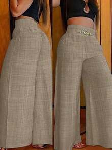 Women's Casual Wide-Leg Linen Pants With Metal Chain Detail, Autumn Style - 摩卡棕 - 查看 1
